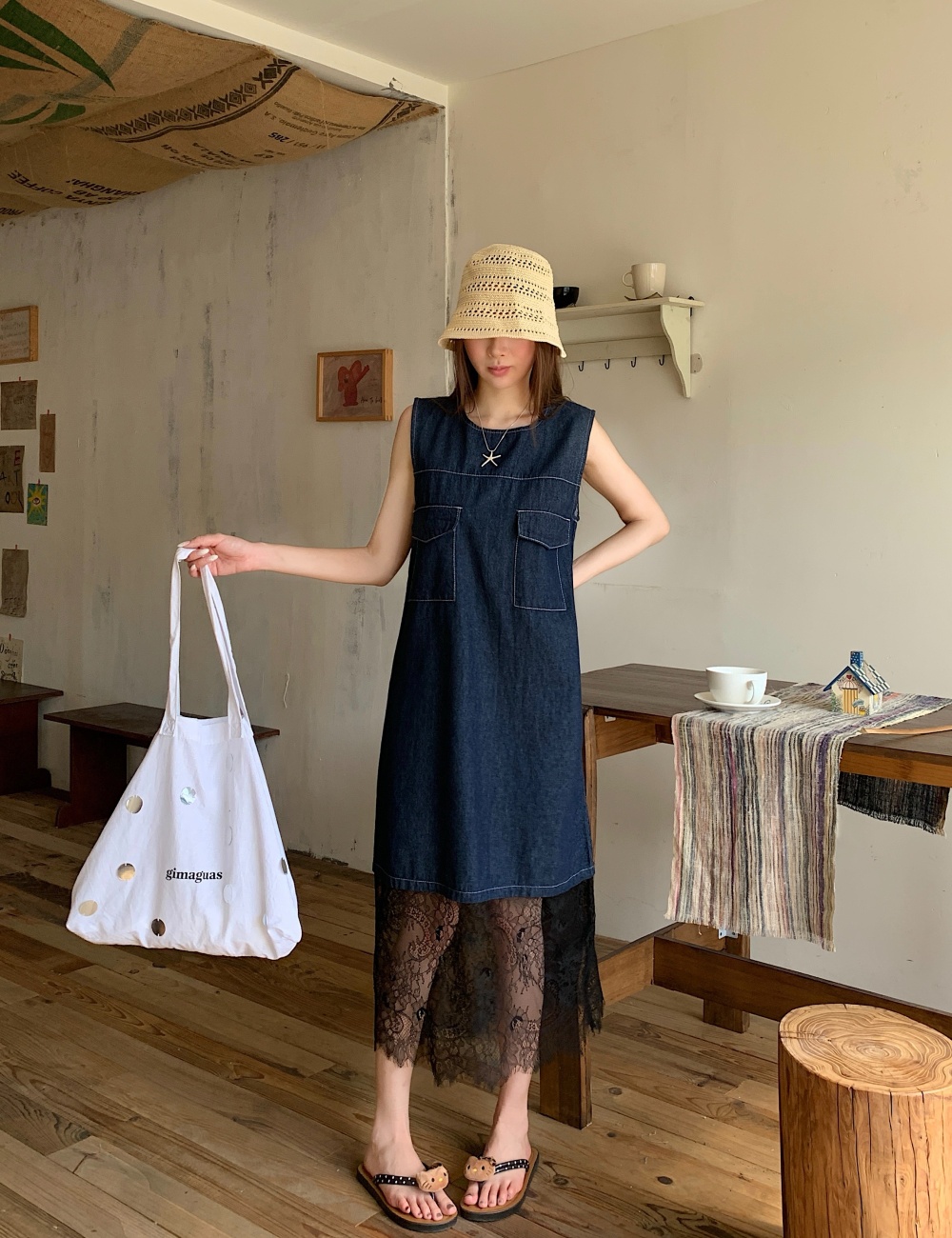 Thin denim lace dress summer slim long dress for women