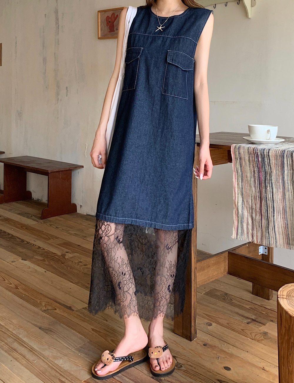 Thin denim lace dress summer slim long dress for women