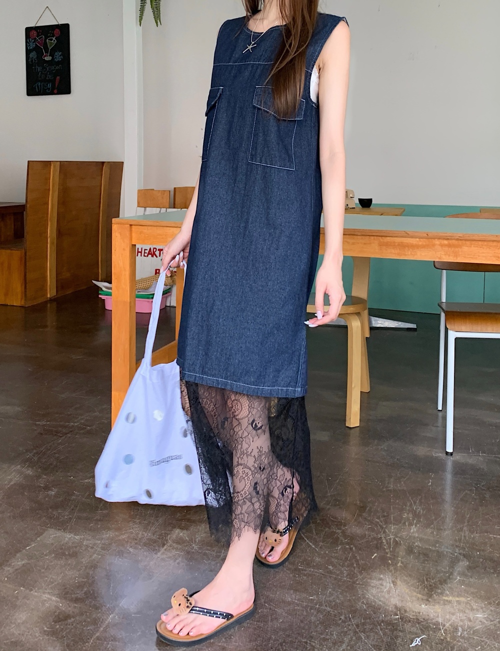Thin denim lace dress summer slim long dress for women