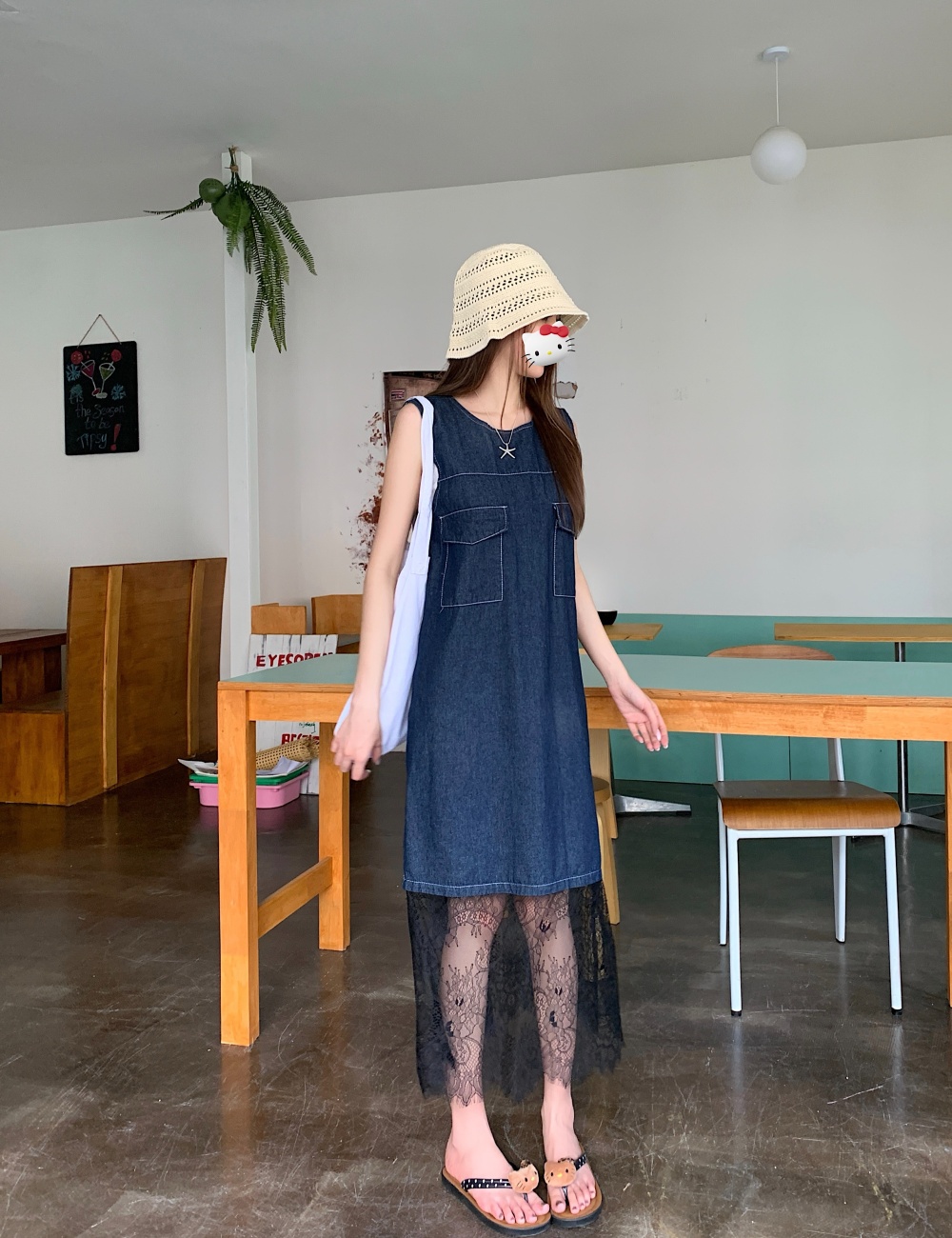 Thin denim lace dress summer slim long dress for women