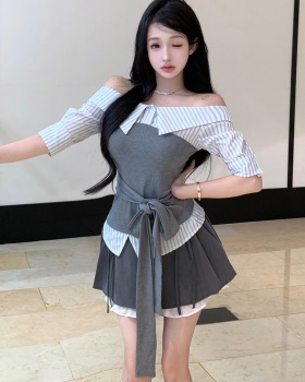 Flat shoulder summer tops splice bandage shirt