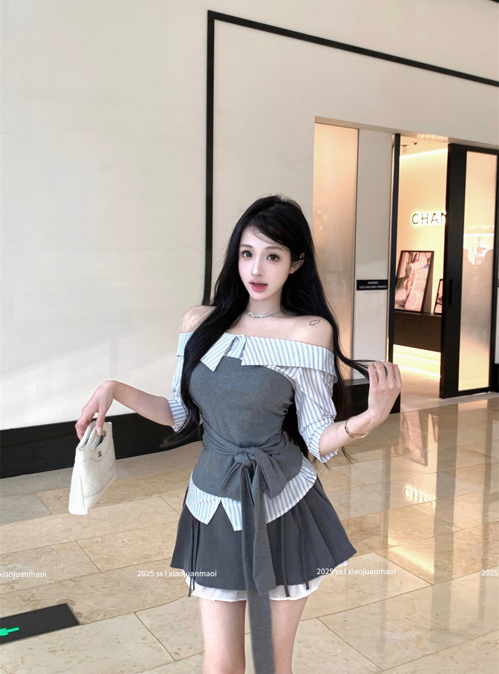 Flat shoulder summer tops splice bandage shirt