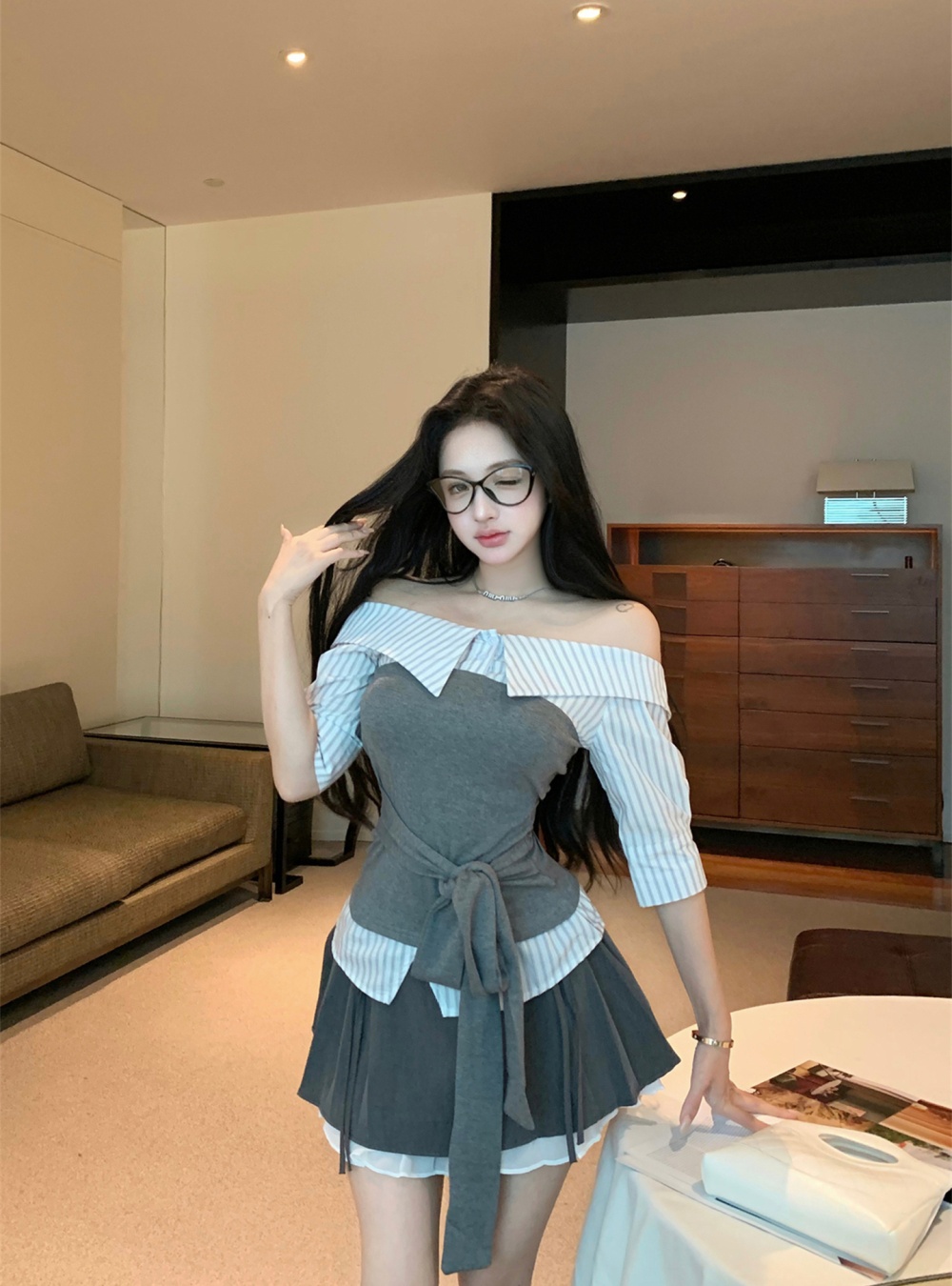 Flat shoulder summer tops splice bandage shirt
