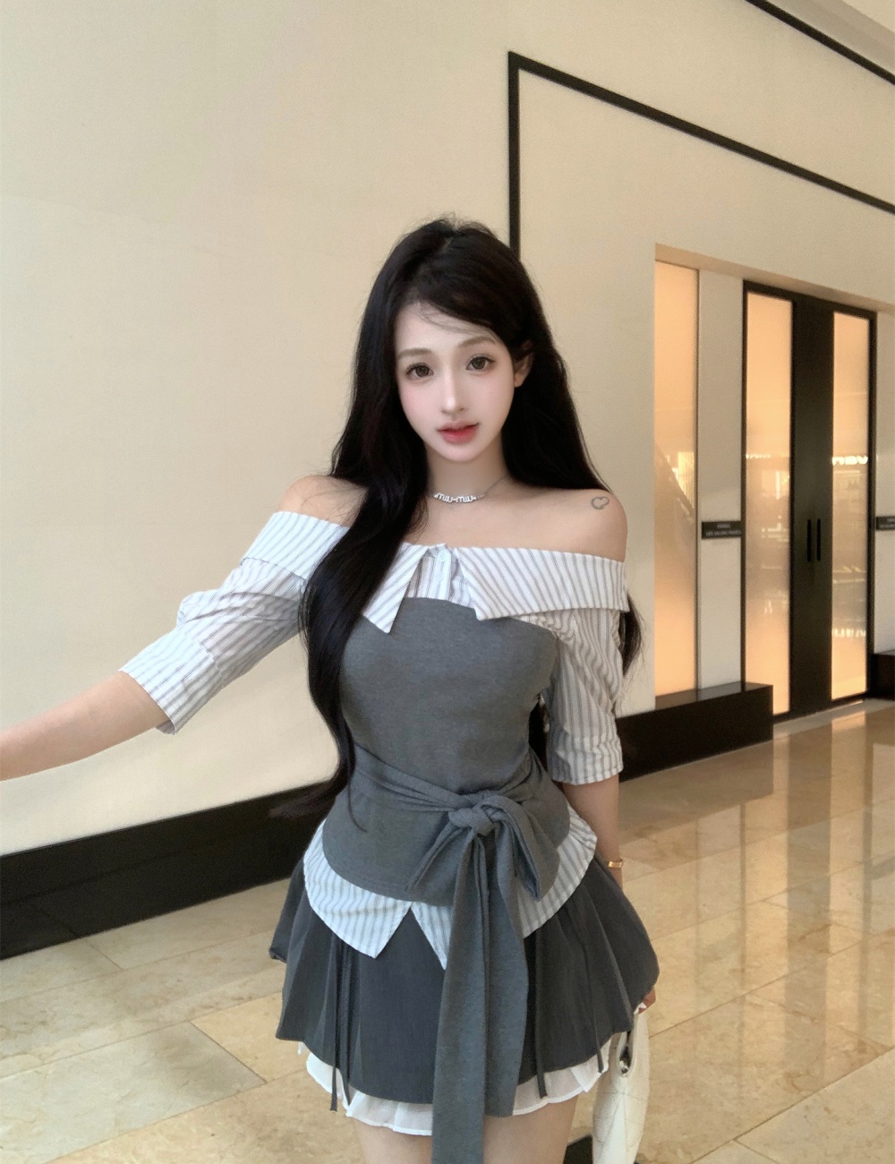 Flat shoulder summer tops splice bandage shirt