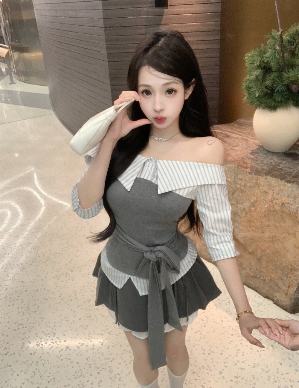 Flat shoulder summer tops splice bandage shirt