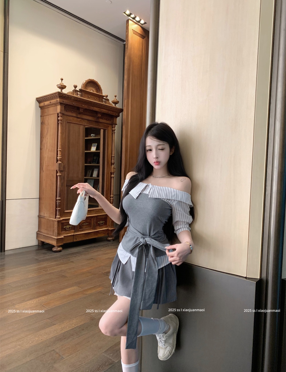 Flat shoulder summer tops splice bandage shirt