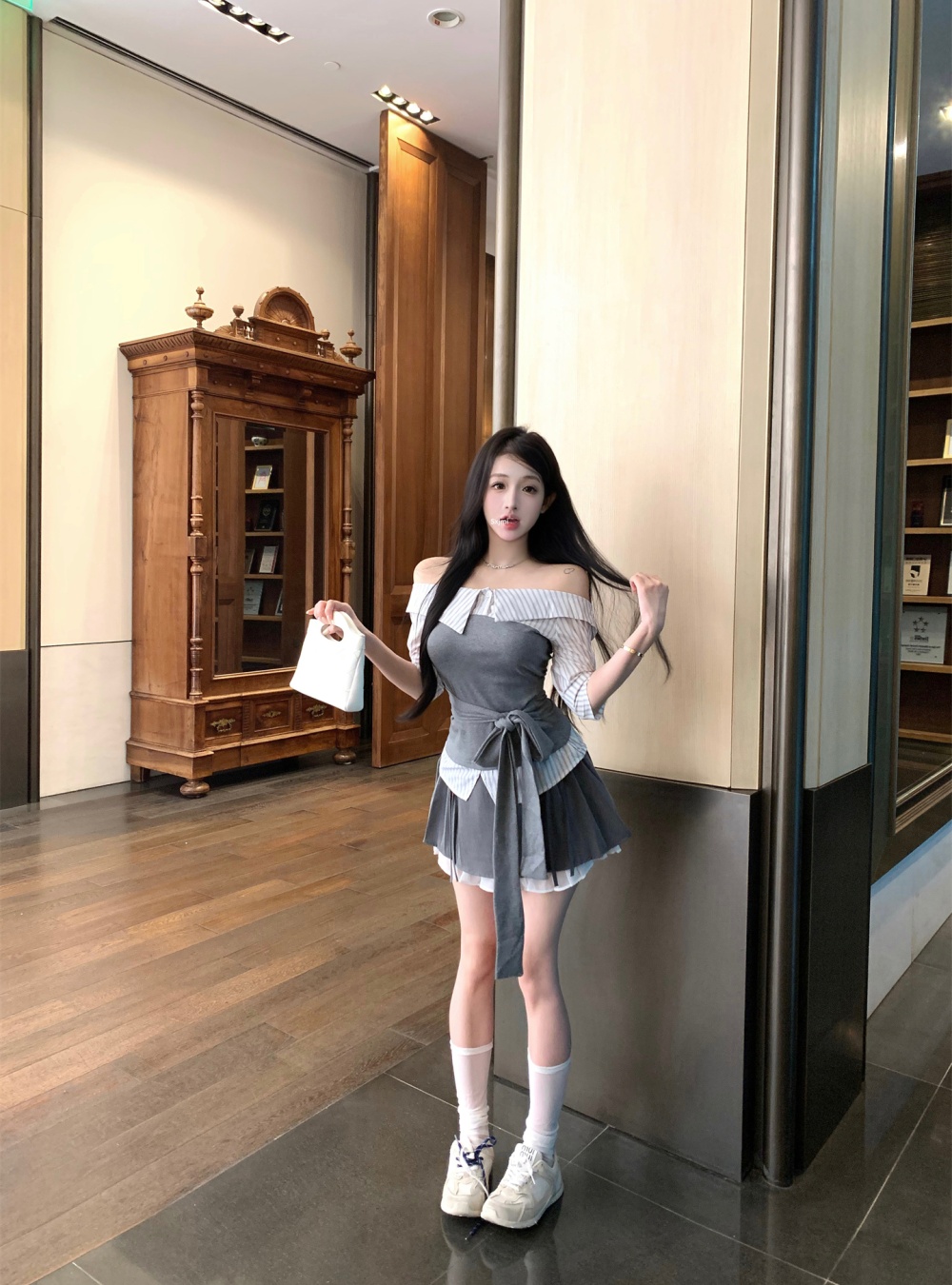 Flat shoulder summer tops splice bandage shirt