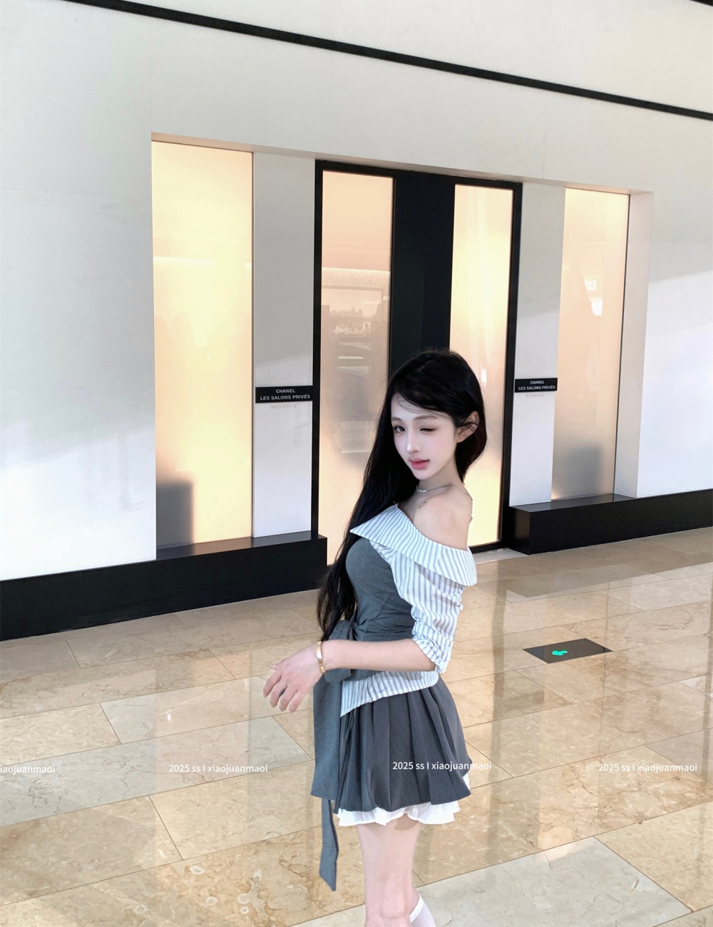 Flat shoulder summer tops splice bandage shirt
