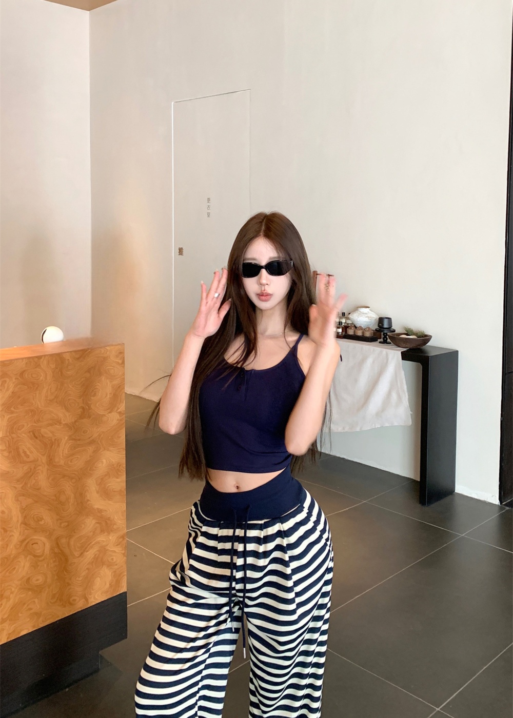 Casual flax tops sling long pants 2pcs set