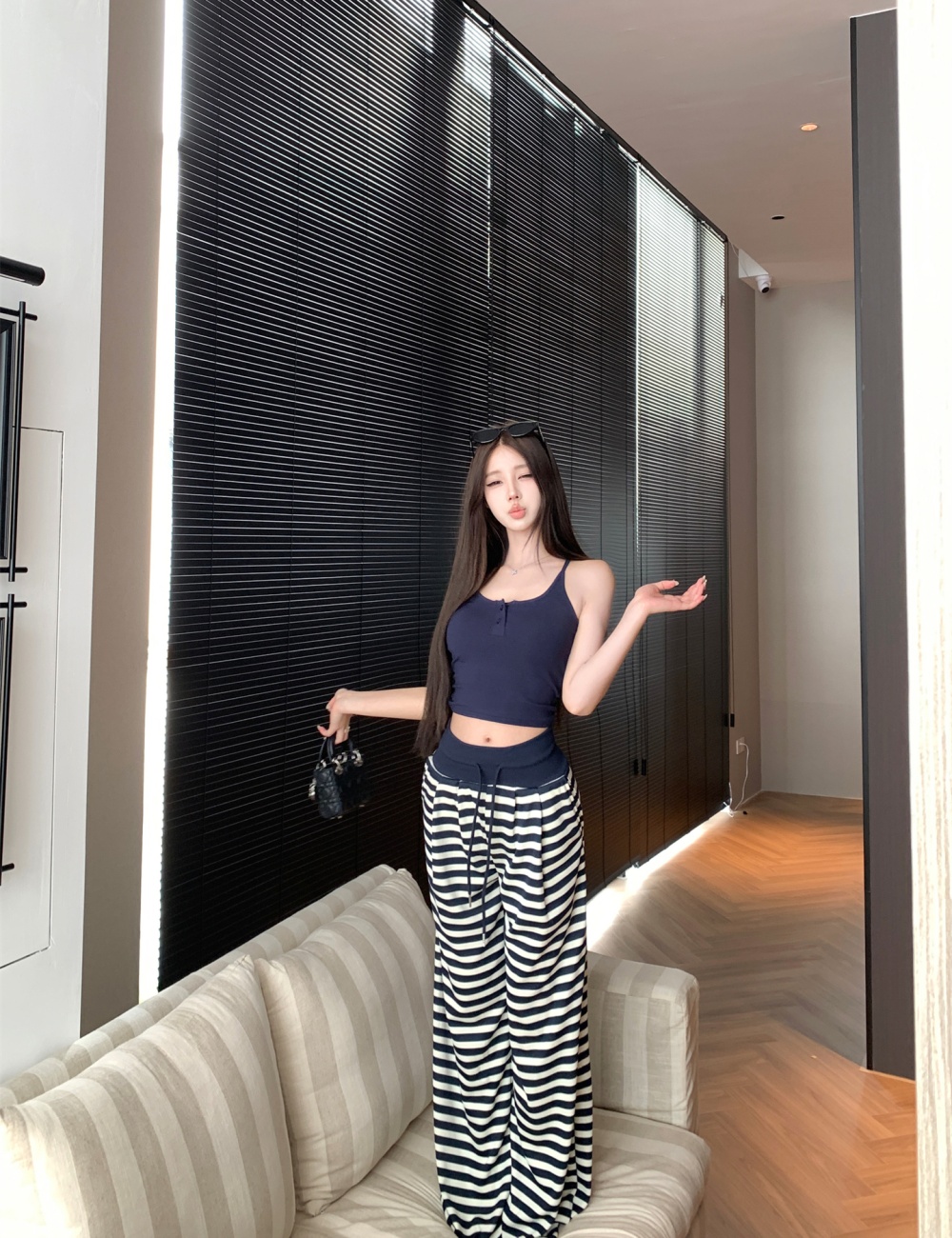 Casual flax tops sling long pants 2pcs set