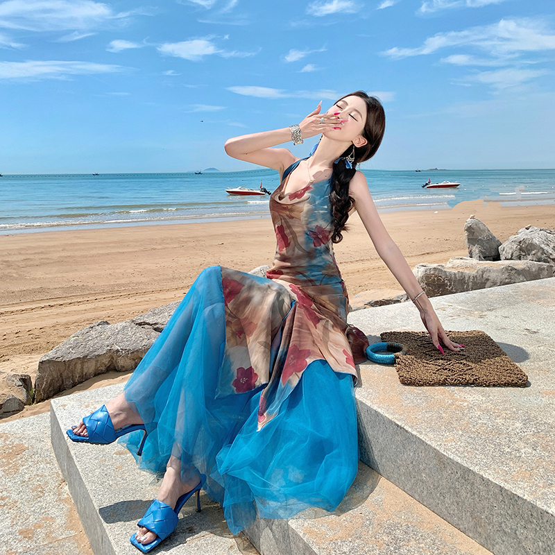 Sling summer dress temperament gauze long dress