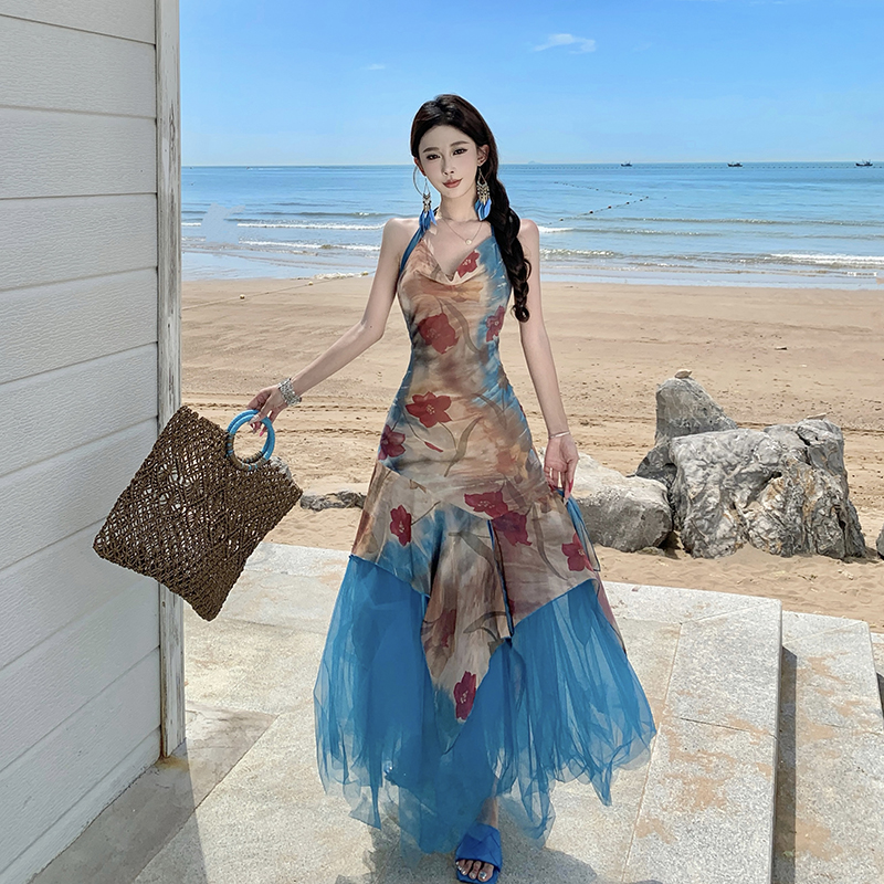 Sling summer dress temperament gauze long dress