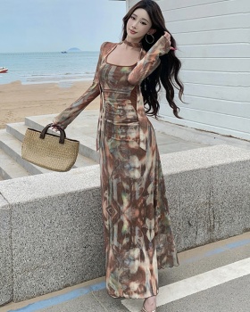 Printing pinched waist gauze temperament dress for women