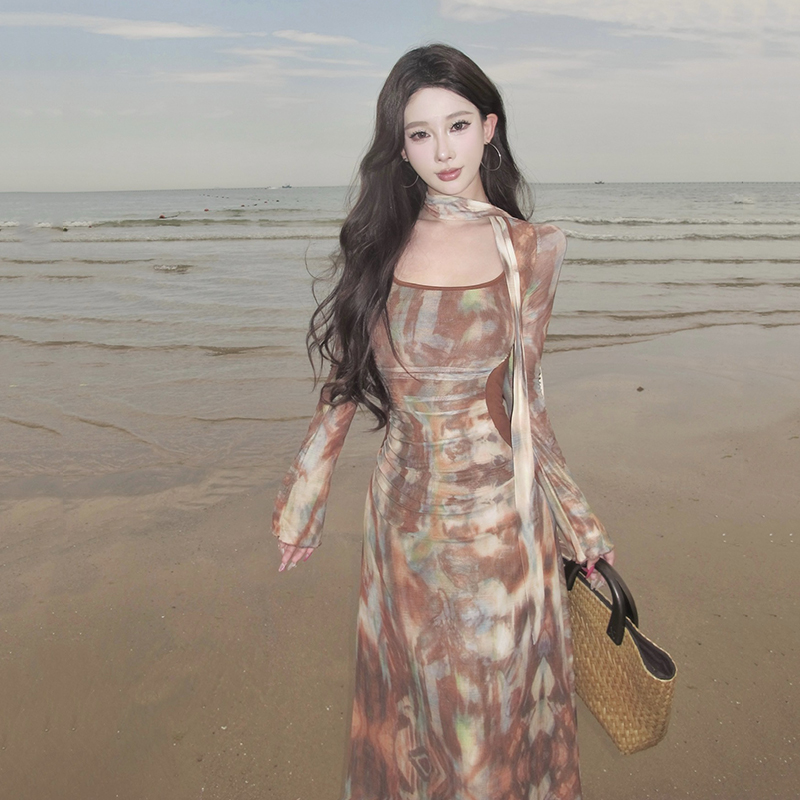 Printing pinched waist gauze temperament dress for women