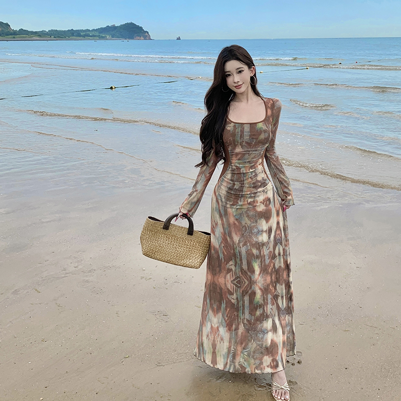Printing pinched waist gauze temperament dress for women