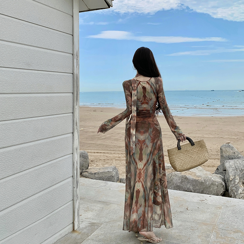 Printing pinched waist gauze temperament dress for women