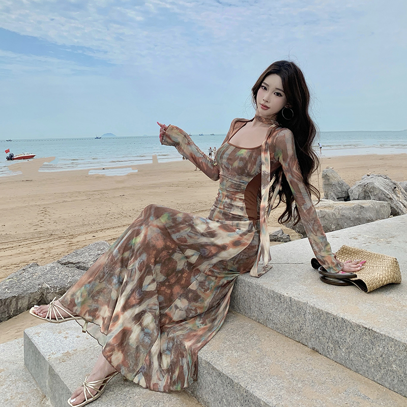 Printing pinched waist gauze temperament dress for women