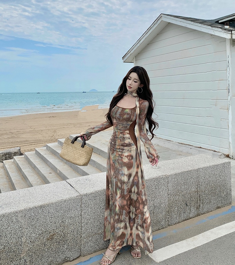 Printing pinched waist gauze temperament dress for women