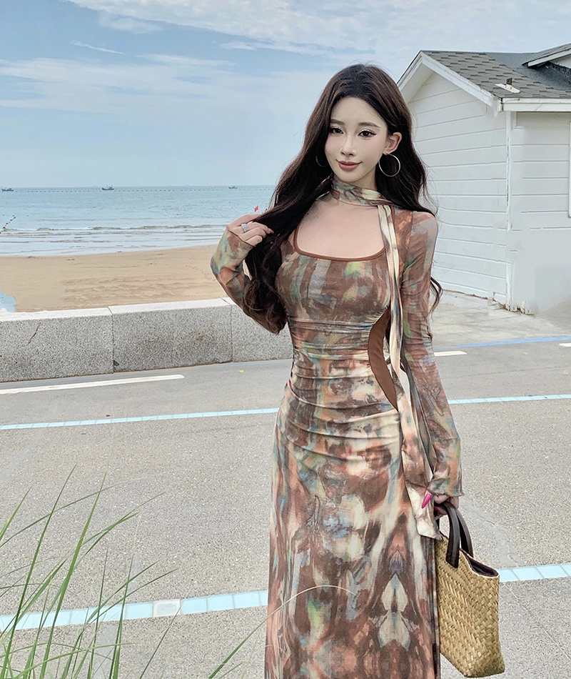 Printing pinched waist gauze temperament dress for women