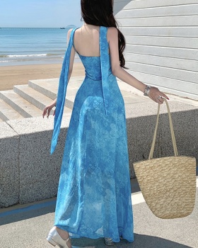 Sling blue France style dress vacation hollow long dress