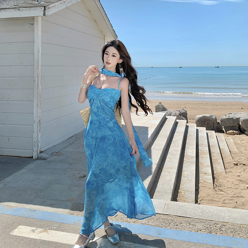 Sling blue France style dress vacation hollow long dress