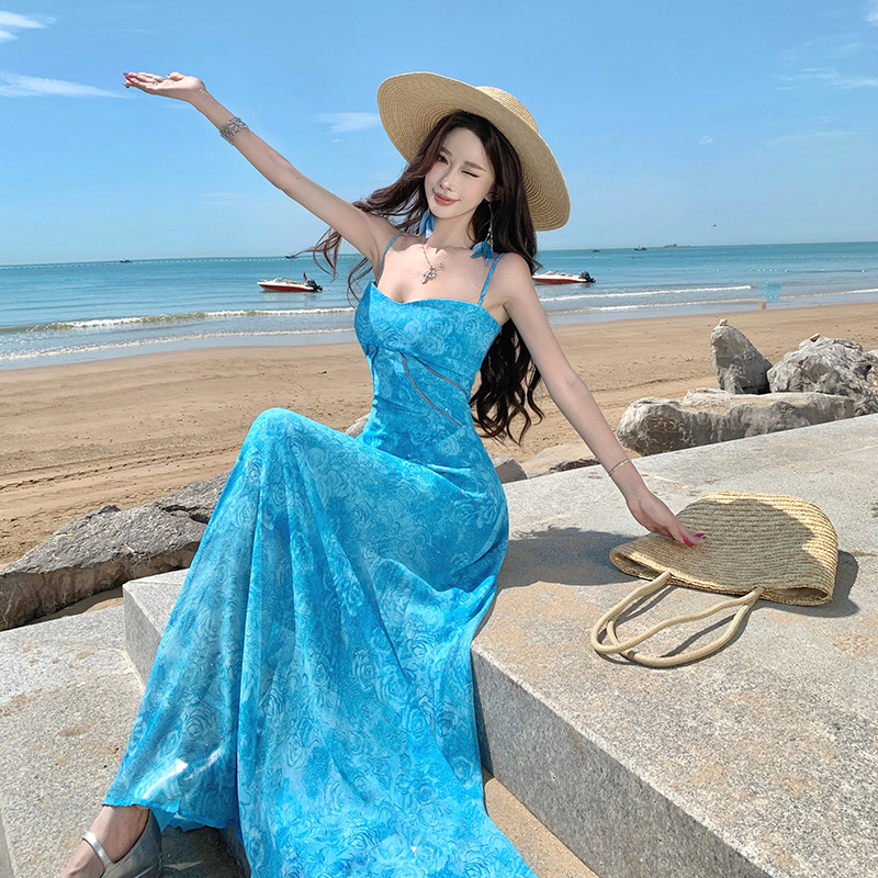 Sling blue France style dress vacation hollow long dress