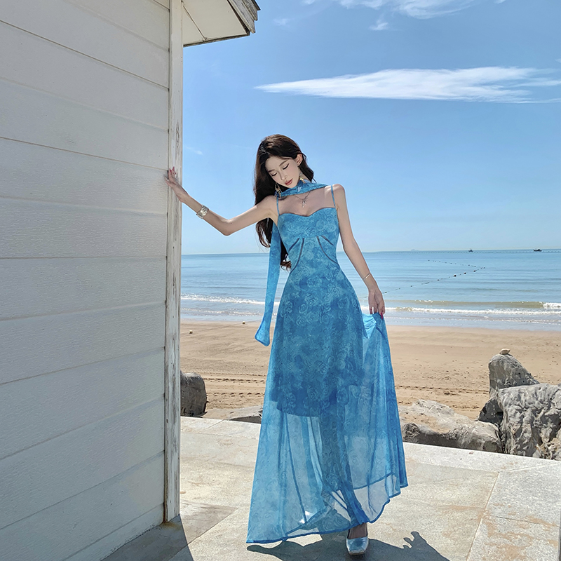 Sling blue France style dress vacation hollow long dress