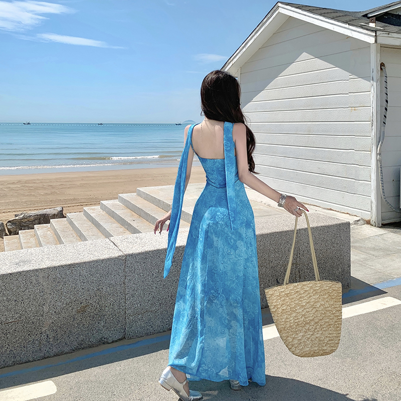 Sling blue France style dress vacation hollow long dress