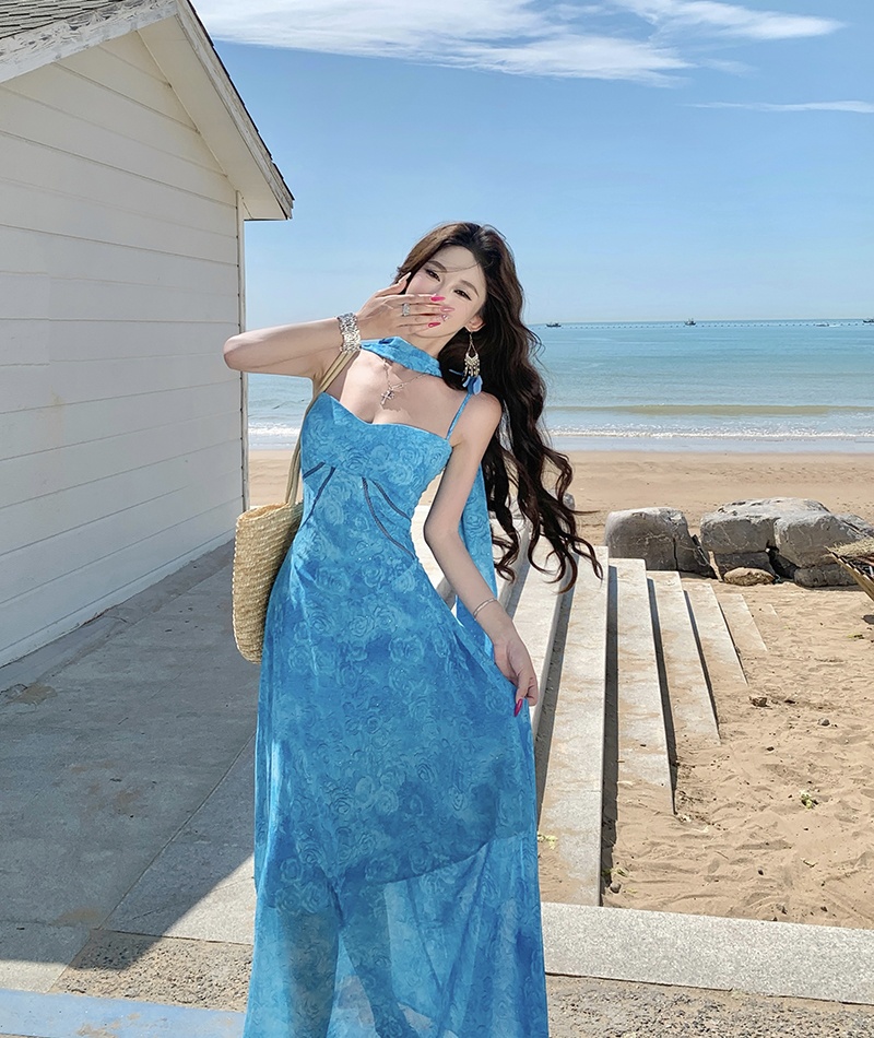 Sling blue France style dress vacation hollow long dress