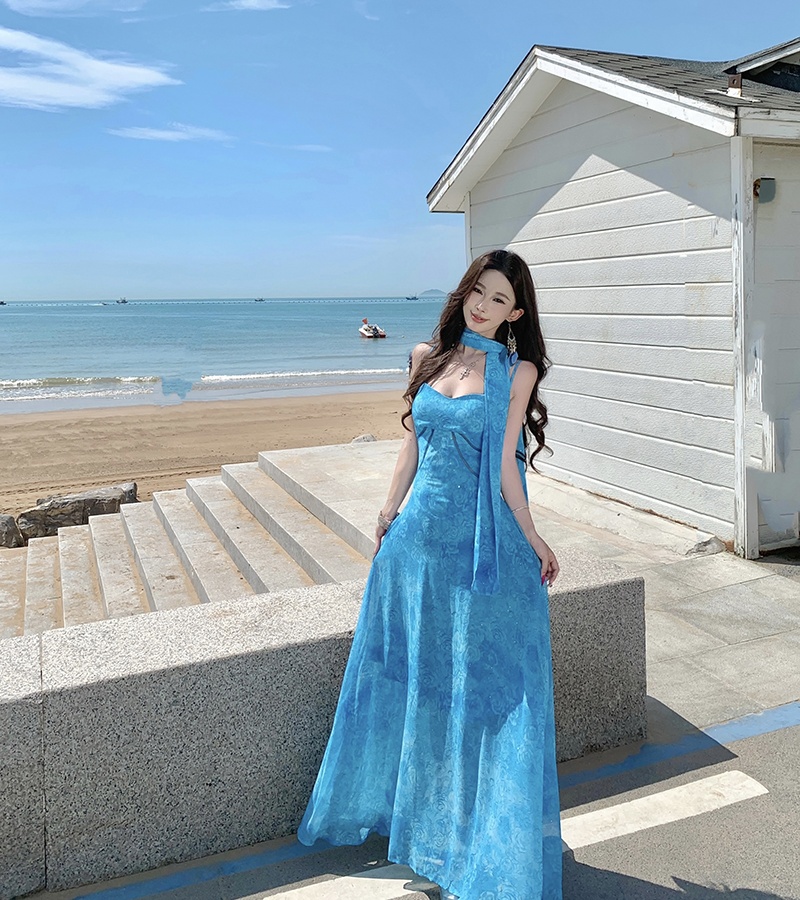 Sling blue France style dress vacation hollow long dress