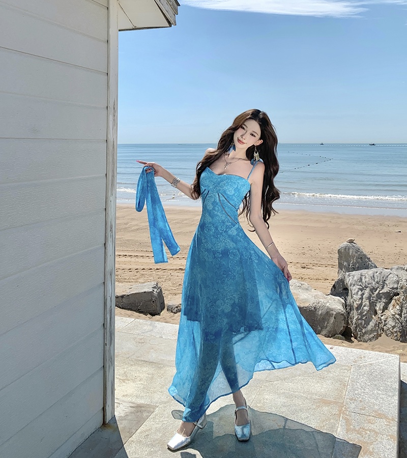 Sling blue France style dress vacation hollow long dress