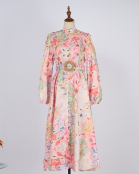 Pinched waist dress cstand collar long dress