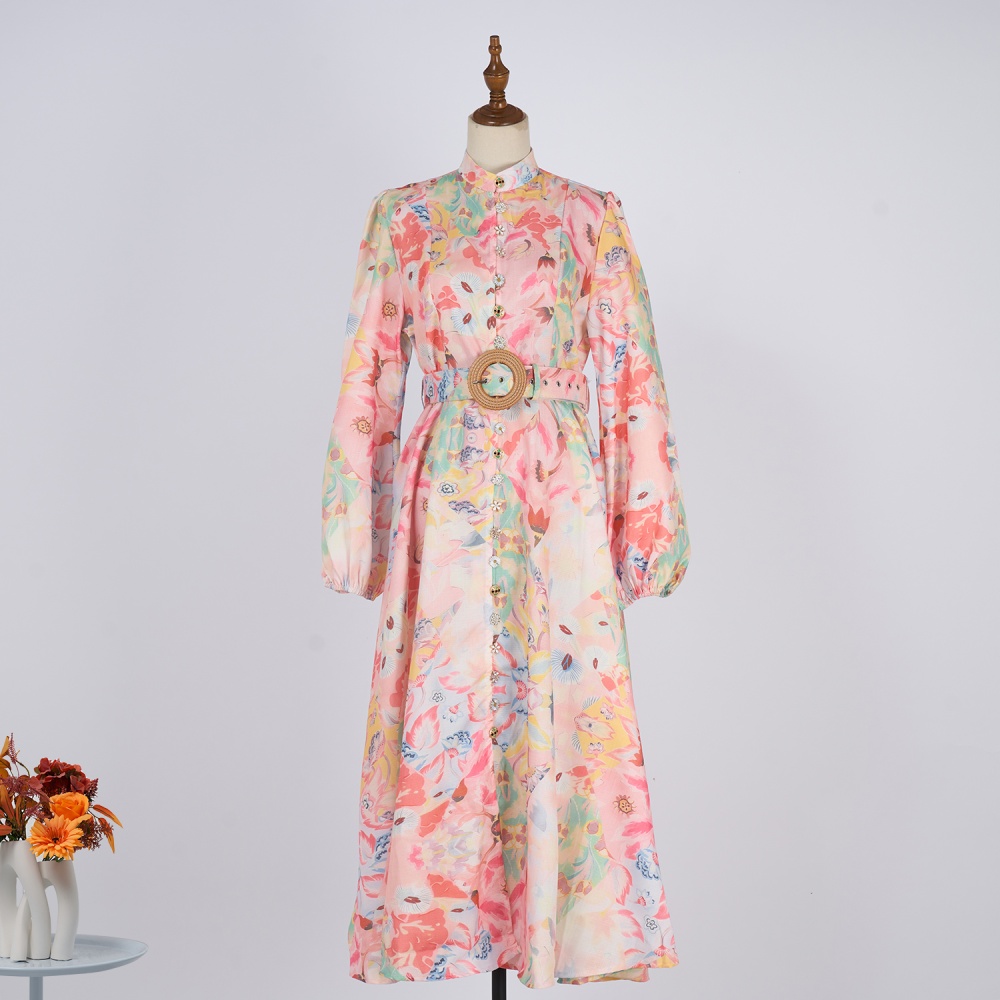 Pinched waist dress cstand collar long dress