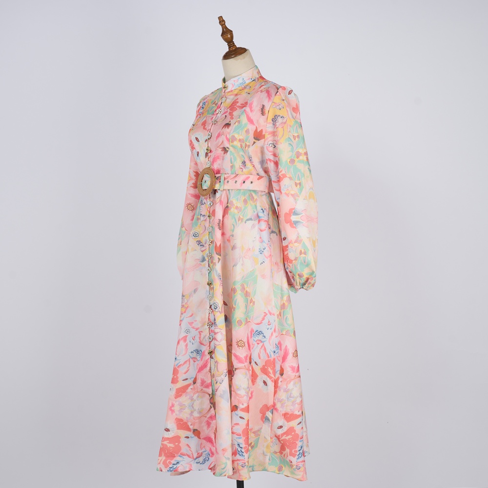 Pinched waist dress cstand collar long dress