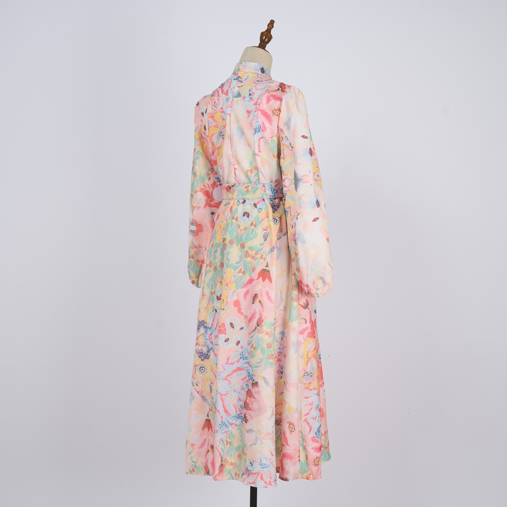 Pinched waist dress cstand collar long dress