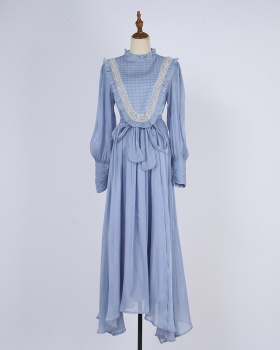 Snow white cstand collar long dress big skirt embroidery dress