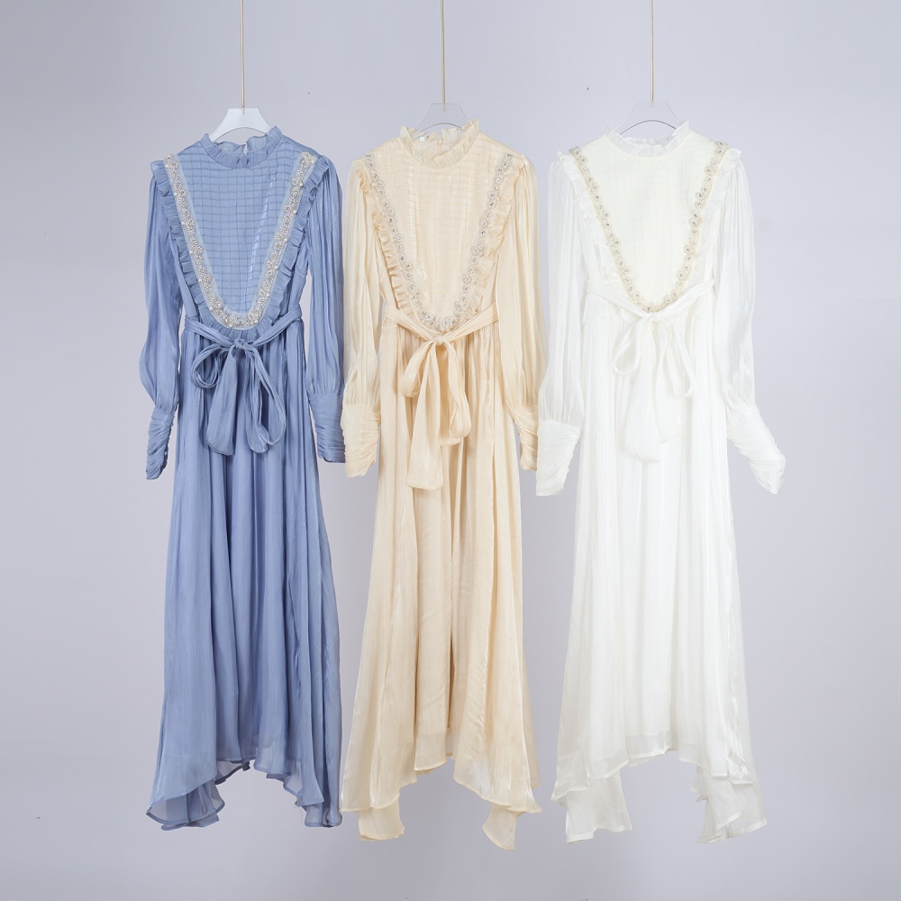 Snow white cstand collar long dress big skirt embroidery dress