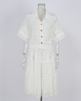 Court style retro short shirt embroidery lace skirt a set