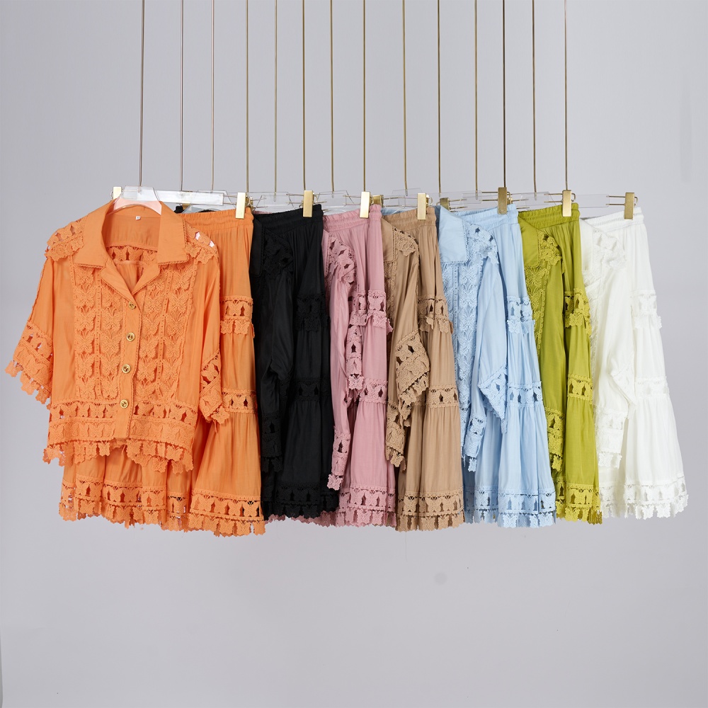 Court style retro short shirt embroidery lace skirt a set