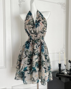 Halter floral ink was white summer dress for women