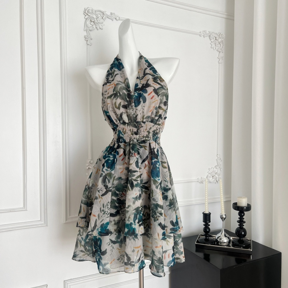 Halter floral ink was white summer dress for women