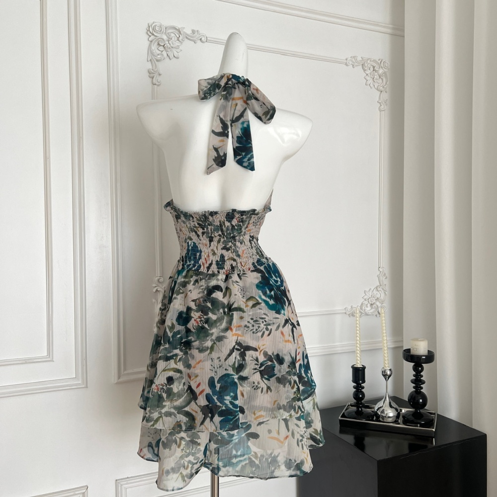 Halter floral ink was white summer dress for women