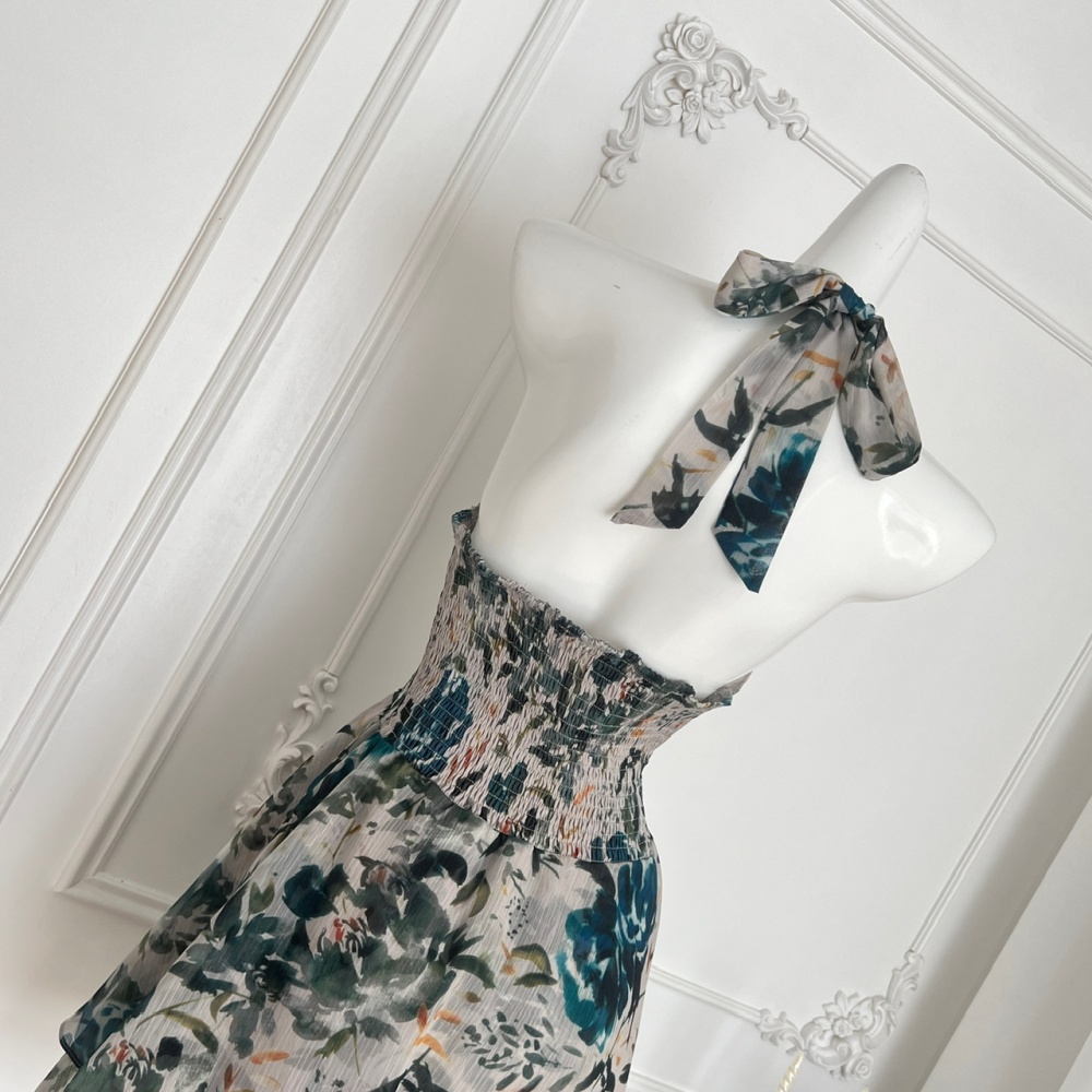 Halter floral ink was white summer dress for women