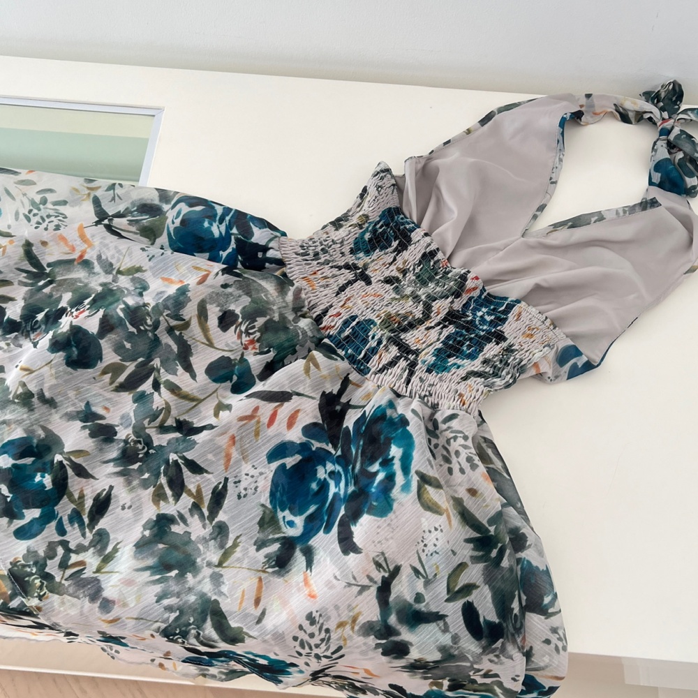 Halter floral ink was white summer dress for women