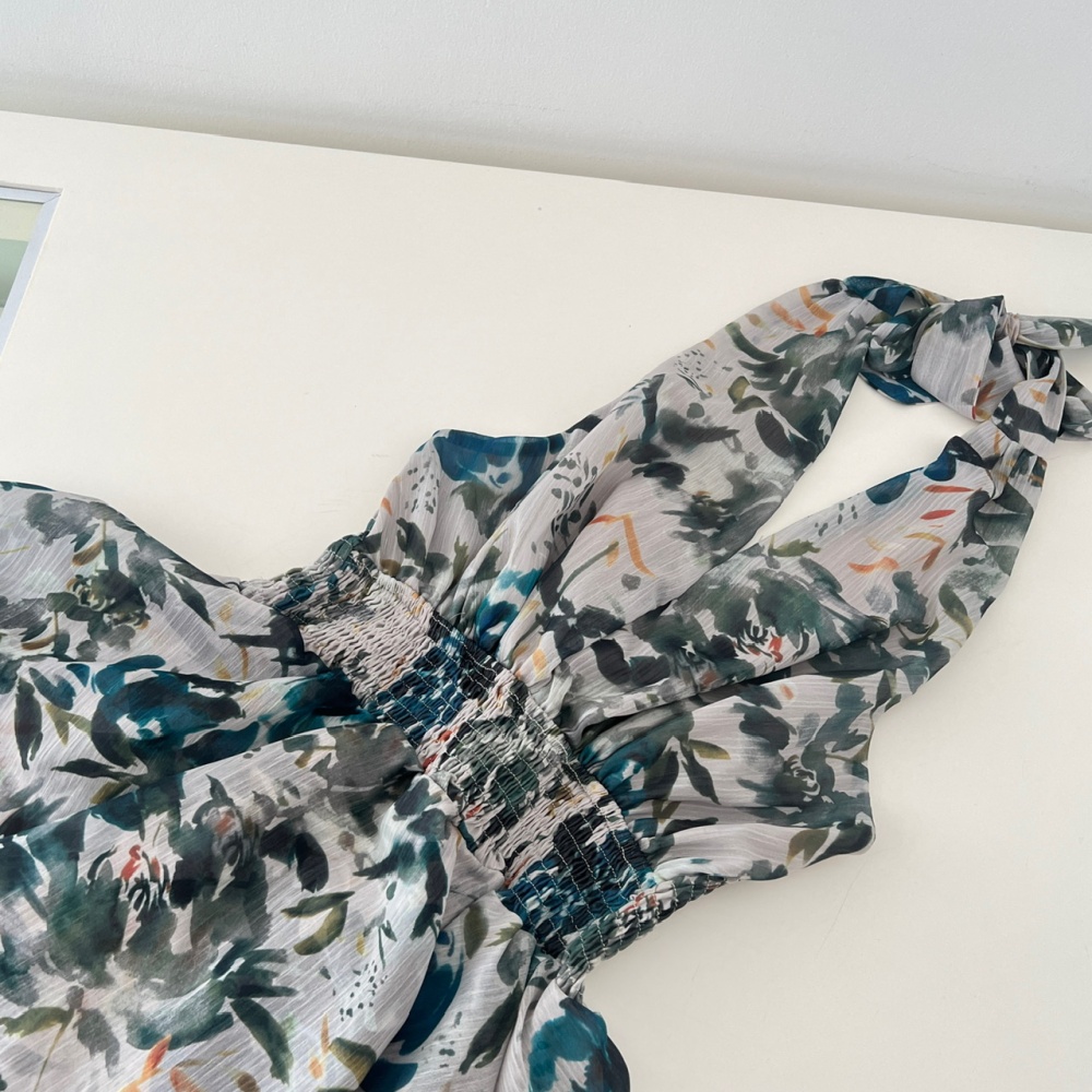 Halter floral ink was white summer dress for women