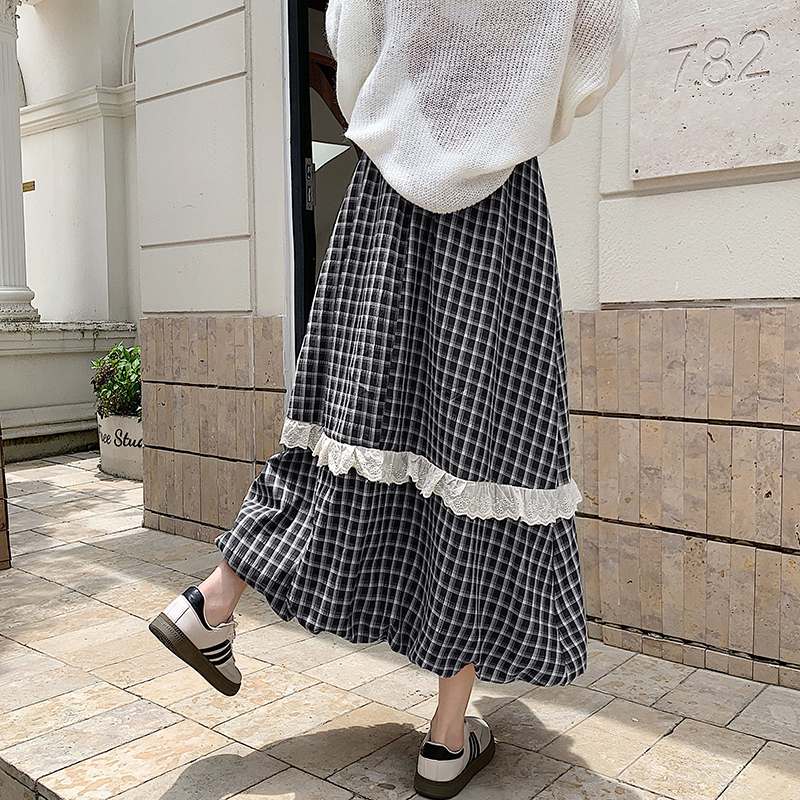 Autumn and winter lace long skirt A-line plaid skirt