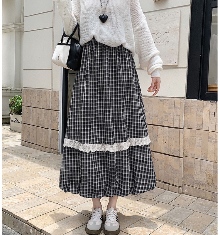 Autumn and winter lace long skirt A-line plaid skirt