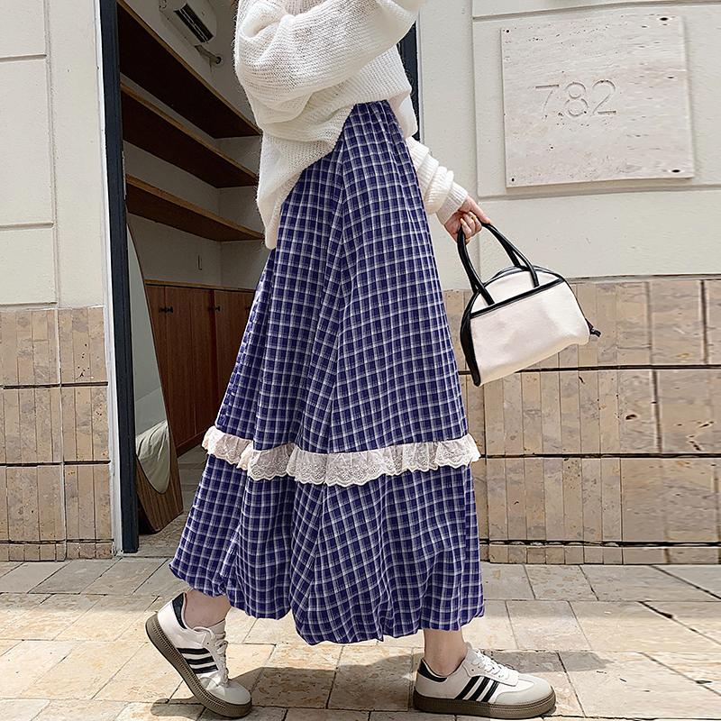 Autumn and winter lace long skirt A-line plaid skirt