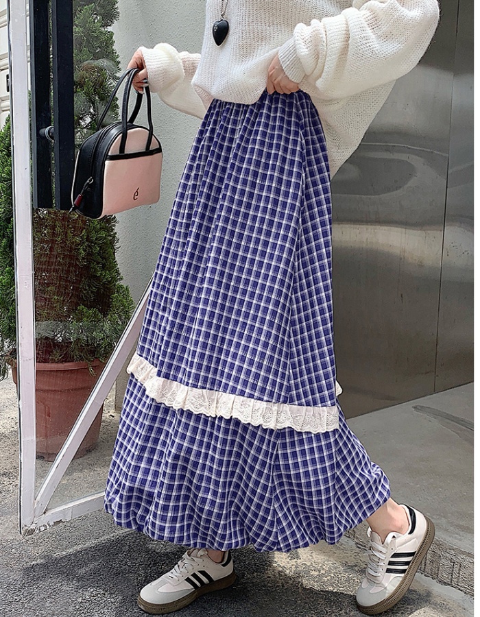 Autumn and winter lace long skirt A-line plaid skirt