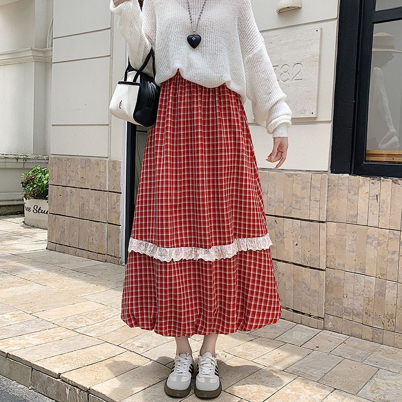 Autumn and winter lace long skirt A-line plaid skirt
